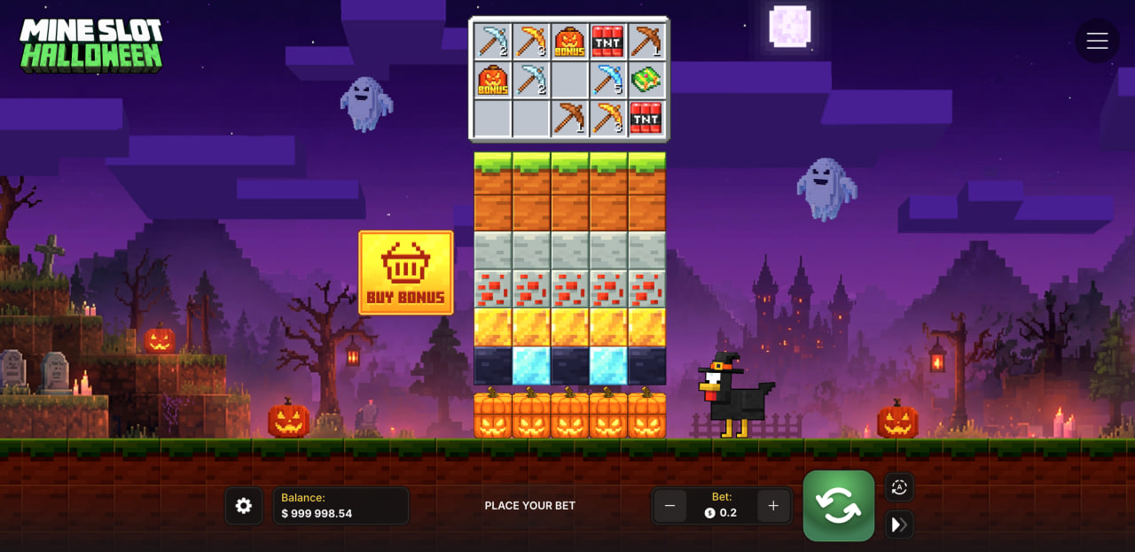 Mine Slot Halloween ekranı, piksel blok sütunları, kazma ve TNT paneli ile Buy Bonus butonu