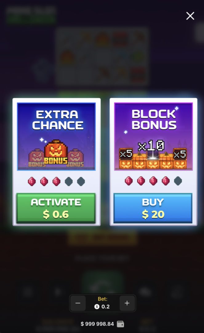 Telefon ekranında dikey Mine Slot Halloween Extra Chance ve Block Bonus seçenekleri