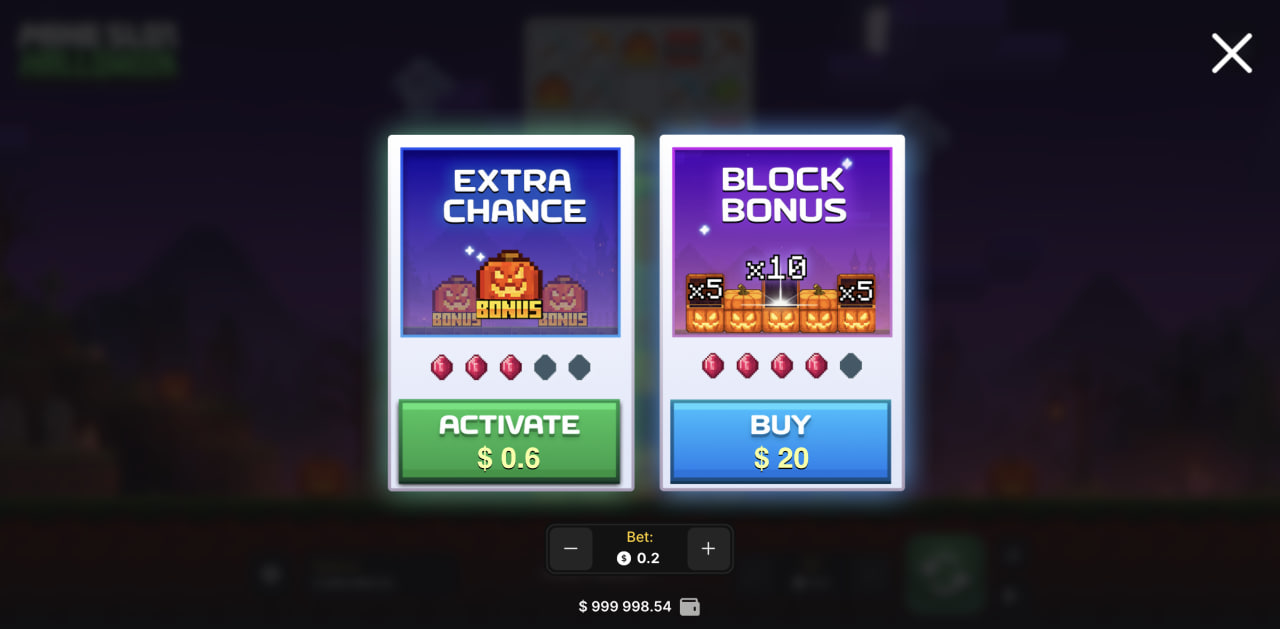 Masaüstü ekranda Mine Slot Halloween Extra Chance ve Block Bonus satın alma penceresi