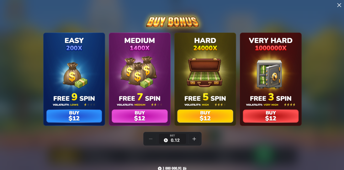 MegaBlock Empire Bonus Buy ekranında dört free spin seçeneği