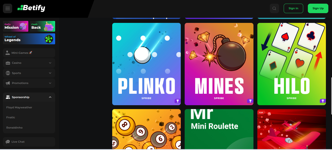 Betify casino sayfasında Plinko Mines ve Hilo mini oyunları