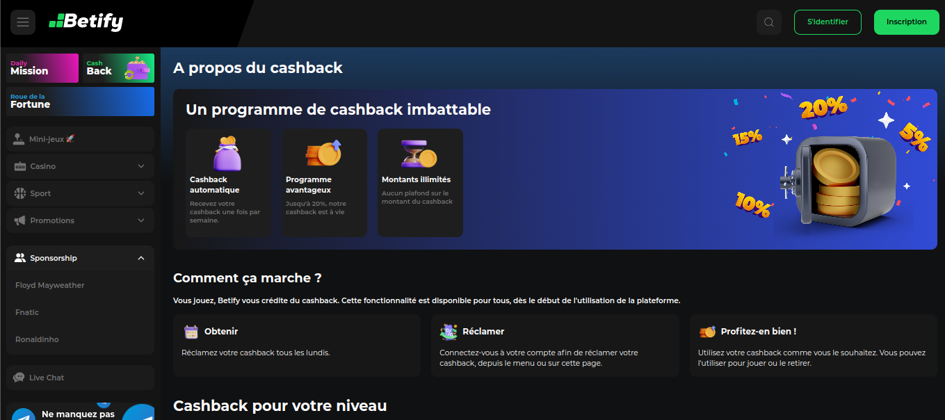 Betify haftalık cashback programı ekran görüntüsü
