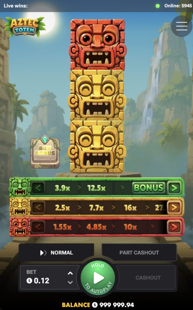 Telefonda dikey Aztec Totem görünümü ve Cashout butonları