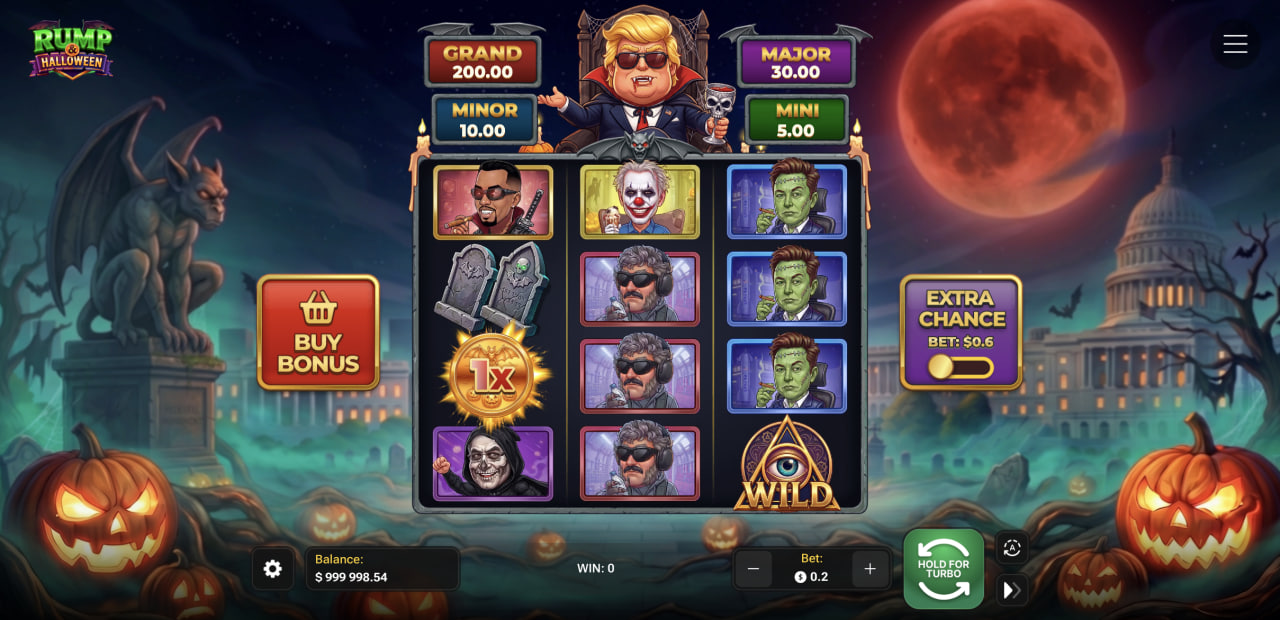 Rump And Halloween ana ekranı, 3x4 ızgara, Mini Minor Major Grand jackpotları ile Buy Bonus ve Extra Chance